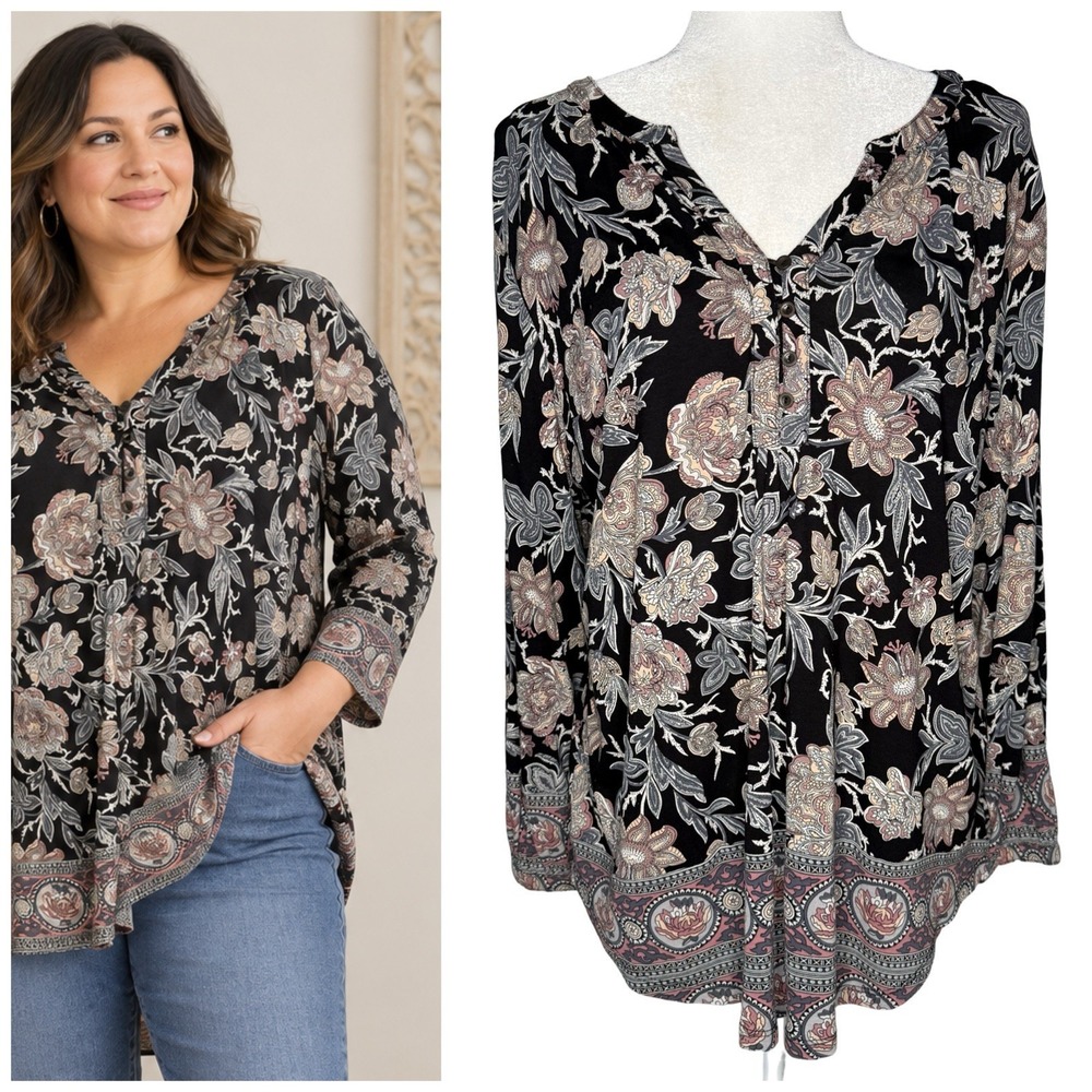 Lucky Brand Top Blouse Size XL Bohemian Peasant Floral Henley Womens Shirt